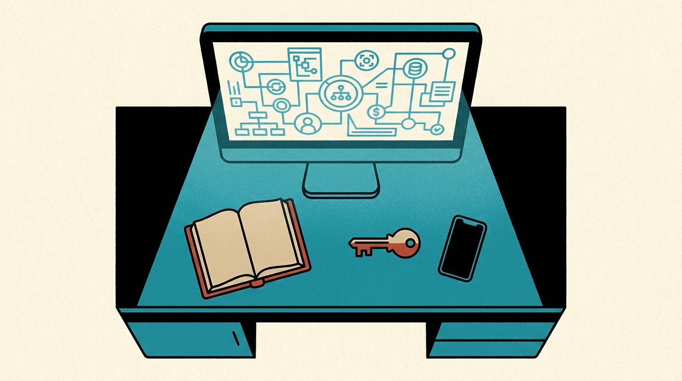A computer screen displaying a glowing digital network map next to a traditional brass key and a ledger book on a dark office desk.